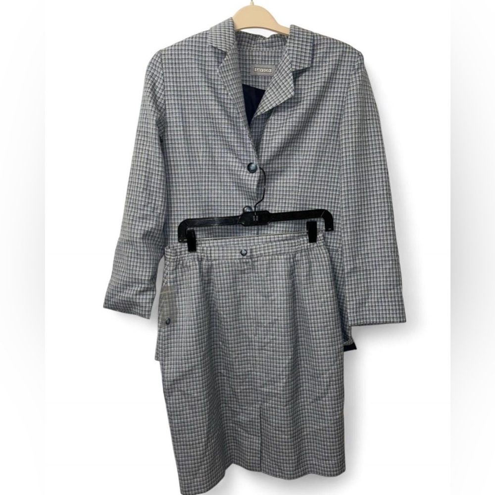 Vintage 90s Savion blue/grey‎ checkered skirt suit Size 12